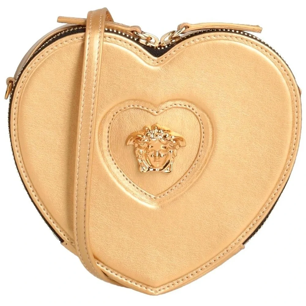 NWT Versace Heart Medusa Crossbody Strap Bag Gold Leather Kids Purse Logo Plaque